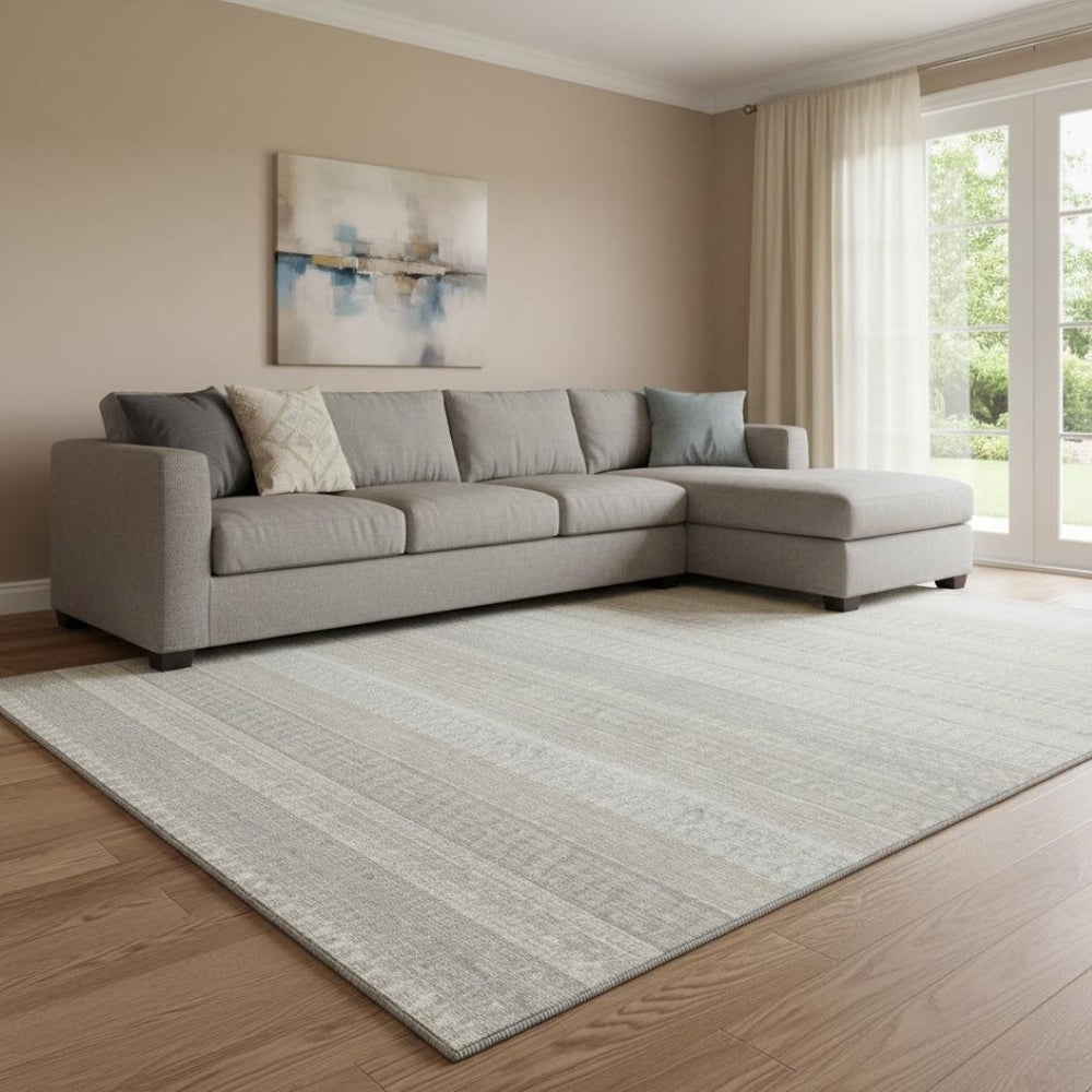 HomeRoots 9' X 12' Washable Ivory & Beige Striped Area Rug - Durable, UV-Protected, Stain-Resistant Design 649941