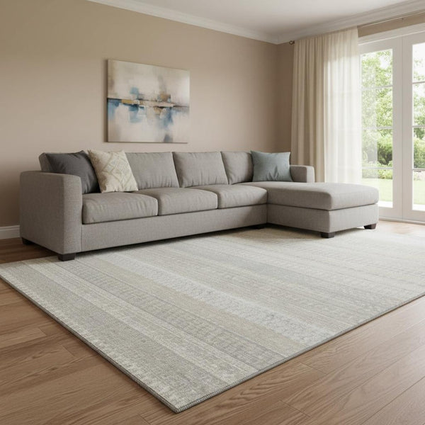 HomeRoots 9' X 12' Washable Ivory & Beige Striped Area Rug - Durable, UV-Protected, Stain-Resistant Design 649941