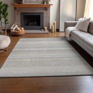 HomeRoots 10' X 14' Ivory And Beige Striped Area Rug – Washable, UV Protected, Ideal for High-Traffic Spaces 649942