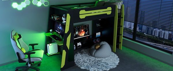English Elm Twin Gaming Loft Bed with Desk Rgb Lighting and Multi-tier Shelves for Teen Rooms Green LT000160AAG