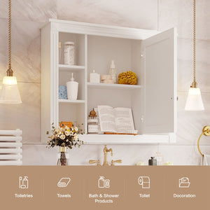 English Elm 35'' Modern Medicine Cabinet with Mirror and Towel Rod, MDF Wall-Mounted Bathroom Storage with Adjustable Shelves and Soft-Close Hinges White WF305081AAK