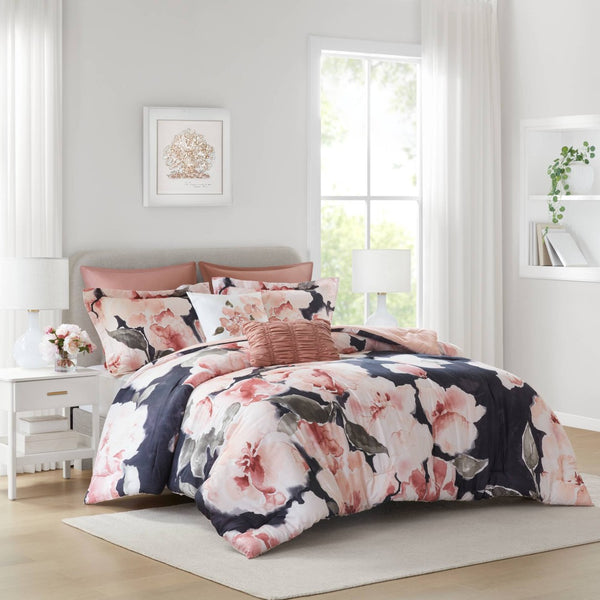 English Elm 7-piece Cal King Cotton Printed Comforter Set with Embroidered Decorative Pillows Blush Multi B035P482948