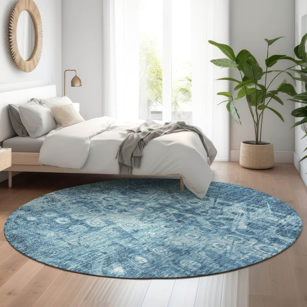 HomeRoots 8' Blue Ikat Round Washable Rug with UV Protection – Stylish, Durable, and Easy-Clean for Every Home 649981