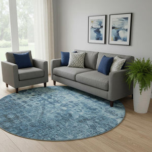 HomeRoots 8' Blue Ikat Round Washable Rug with UV Protection – Stylish, Durable, and Easy-Clean for Every Home 649981