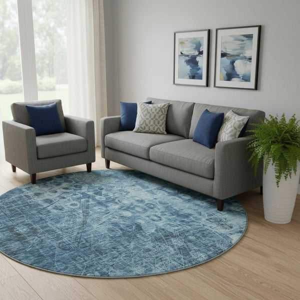 HomeRoots 8' Blue Ikat Round Washable Rug with UV Protection – Stylish, Durable, and Easy-Clean for Every Home 649981