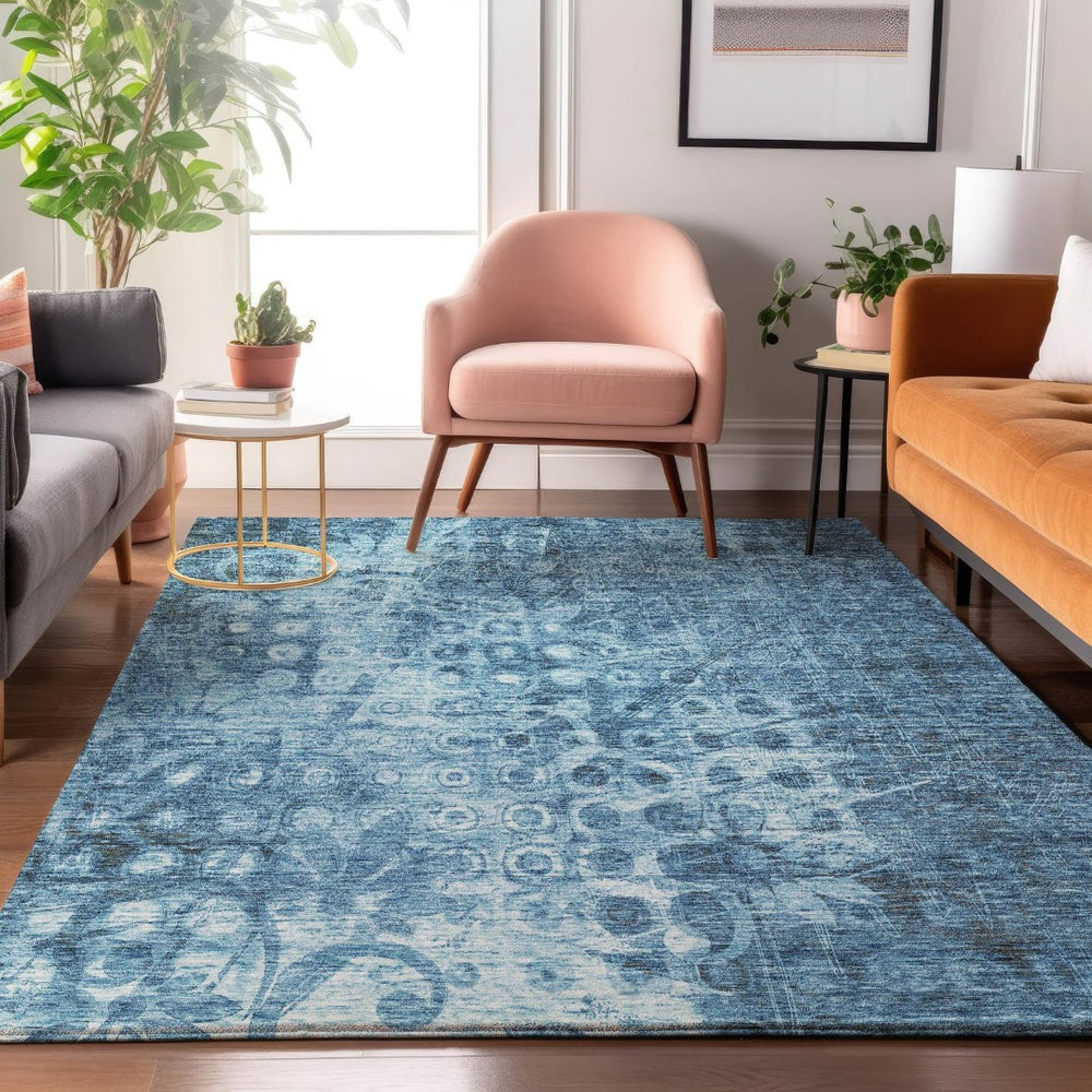 HomeRoots 8' X 10' Blue And Ivory Ikat Area Rug - Washable, UV Protected, Perfect for Busy Homes & Stylish Décor 649982