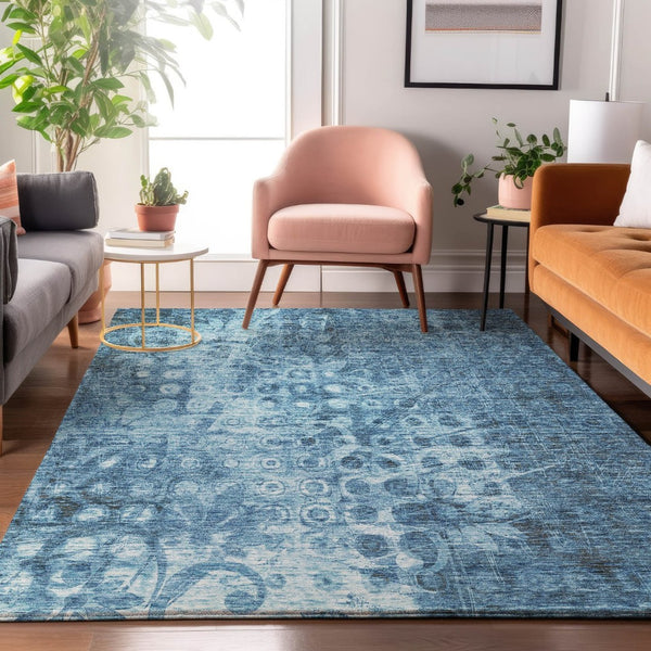 HomeRoots 9' X 12' Blue and Ivory Ikat Area Rug – Washable, UV Protected, Ideal for High-Traffic Spaces! 649983