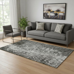 HomeRoots 5' Charcoal and Gray Ikat Area Rug - Washable, Stain-Resistant, UV-Protected for High-Traffic Homes 649986