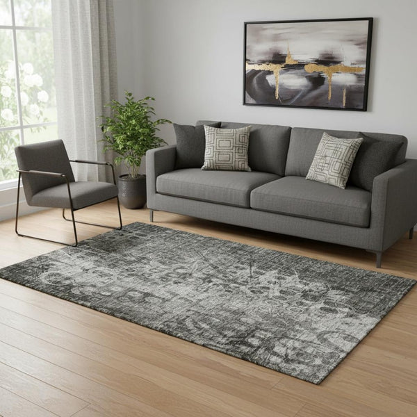 HomeRoots 5' Charcoal and Gray Ikat Area Rug - Washable, Stain-Resistant, UV-Protected for High-Traffic Homes 649986
