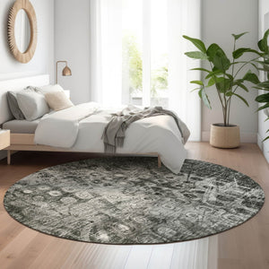 HomeRoots 8' Charcoal and Gray Ikat Washable Round Rug - UV-Protected, Family-Friendly, Stylish Accent Piece 649987