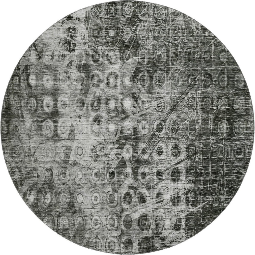 HomeRoots 8' Charcoal and Gray Ikat Washable Round Rug - UV-Protected, Family-Friendly, Stylish Accent Piece 649987