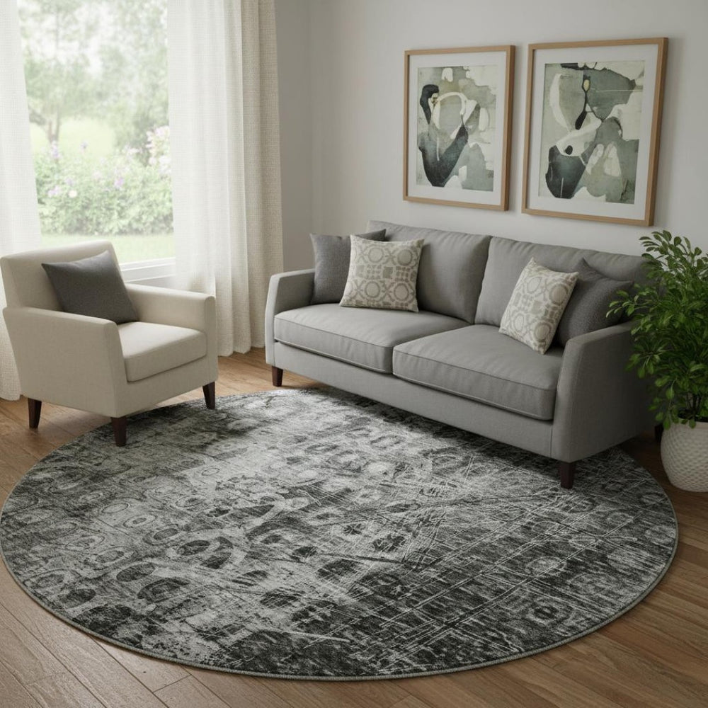 HomeRoots 8' Charcoal and Gray Ikat Washable Round Rug - UV-Protected, Family-Friendly, Stylish Accent Piece 649987