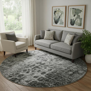HomeRoots 8' Charcoal and Gray Ikat Washable Round Rug - UV-Protected, Family-Friendly, Stylish Accent Piece 649987