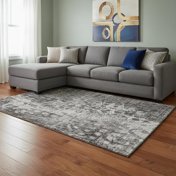 HomeRoots 9' X 12' Charcoal & Gray Ikat Area Rug - Washable, Stain-Resistant, UV Protected for Modern Spaces 649989