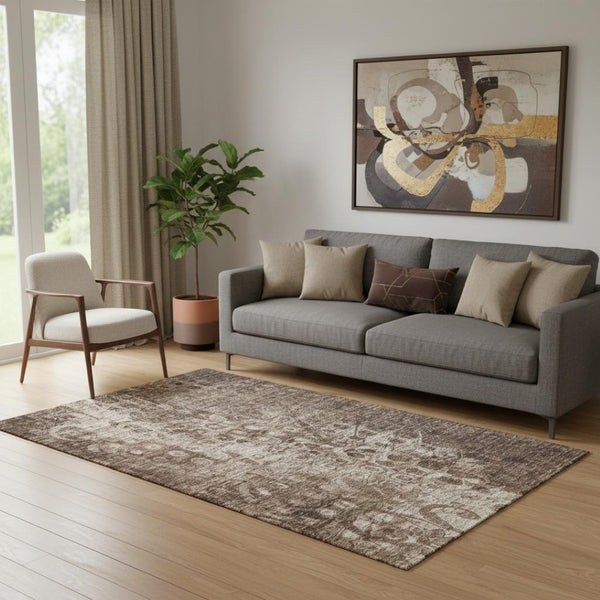 HomeRoots 5' X 8' Chocolate & Beige Ikat Area Rug - Washable, UV-Protected, Durable for High-Traffic Homes 649992