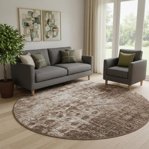 HomeRoots 8' Stylish Chocolate and Beige Ikat Round Rug - Durable, Washable, UV Protected for Any Space! 649993