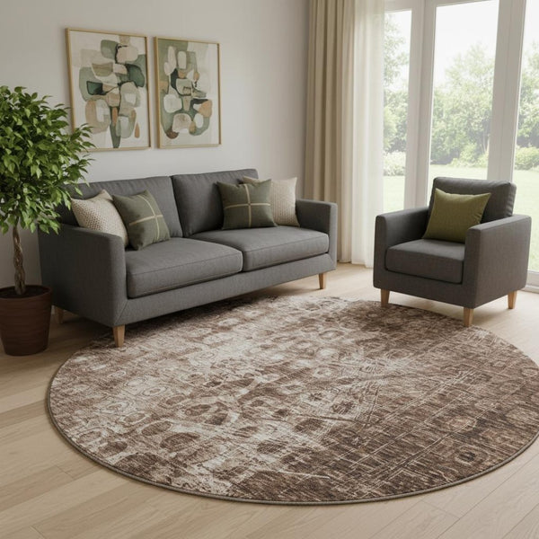 HomeRoots 8' Stylish Chocolate and Beige Ikat Round Rug - Durable, Washable, UV Protected for Any Space! 649993