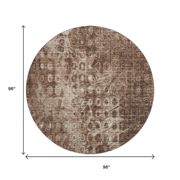 HomeRoots 8' Stylish Chocolate and Beige Ikat Round Rug - Durable, Washable, UV Protected for Any Space! 649993