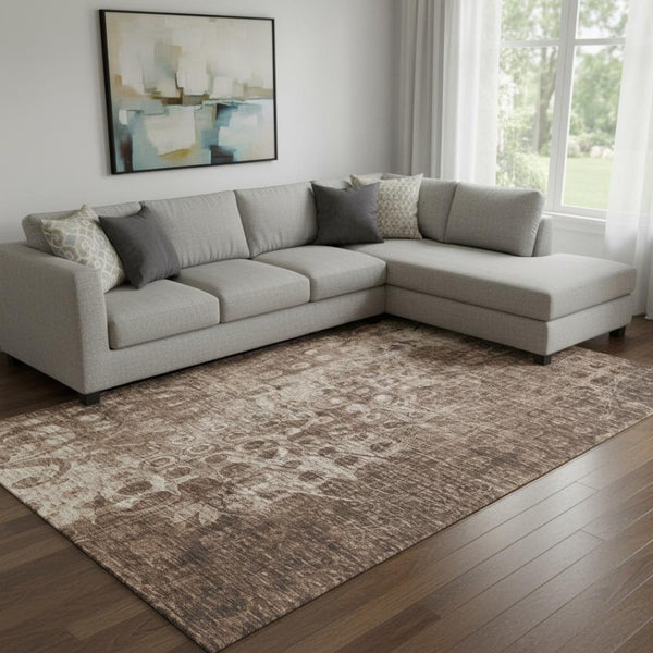 HomeRoots 8' X 10' Stylish Chocolate & Beige Ikat Area Rug - Washable, UV Protected, Perfect for Active Homes! 649994