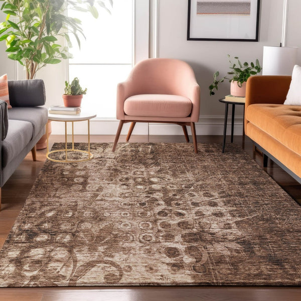 HomeRoots 9' X 12' Ikat Area Rug in Chocolate & Beige - Washable, UV Protected, Durable for Homes with Kids & Pets 649995
