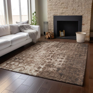 HomeRoots 9' X 12' Ikat Area Rug in Chocolate & Beige - Washable, UV Protected, Durable for Homes with Kids & Pets 649995