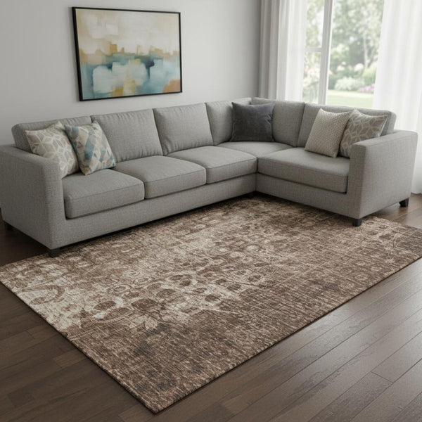 HomeRoots 9' X 12' Ikat Area Rug in Chocolate & Beige - Washable, UV Protected, Durable for Homes with Kids & Pets 649995