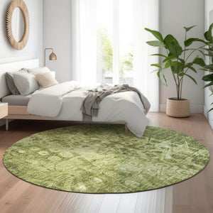 HomeRoots 8' Olive Green and Ivory Ikat Round Rug - Washable, UV Protected, Stain Resistant for Homes with Pets! 649999