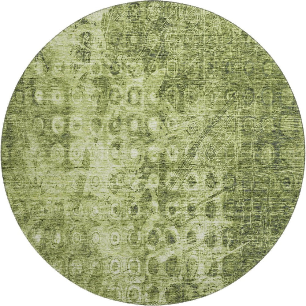HomeRoots 8' Olive Green and Ivory Ikat Round Rug - Washable, UV Protected, Stain Resistant for Homes with Pets! 649999