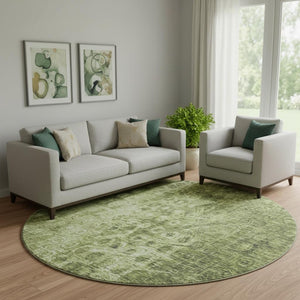 HomeRoots 8' Olive Green and Ivory Ikat Round Rug - Washable, UV Protected, Stain Resistant for Homes with Pets! 649999