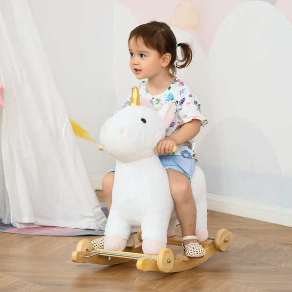 English Elm Qaba Plush Unicorn Rocker Ride on Toy with Wood Base Sound and Rolling Play W2225P229214