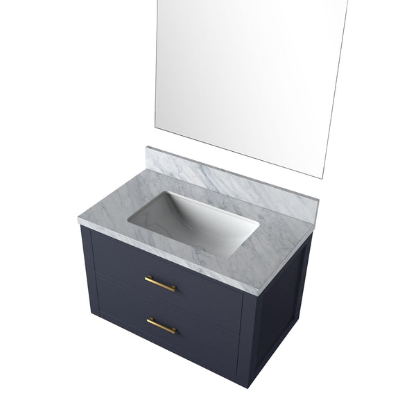 English Elm Blue Single-Sink Bathroom Vanity Set With Carrara Marble Top & Frameless Mirror For Elegant Style B2731S01425