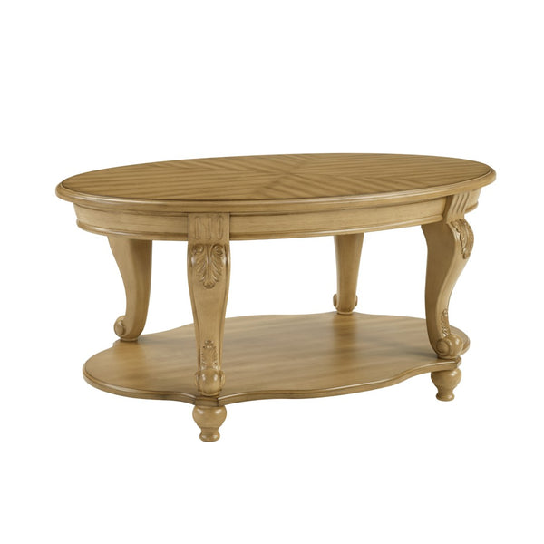 English Elm 42'' Oval Two-tier Wood Cocktail Table with Carved Floral Detail and Open Shelf W1202P318405