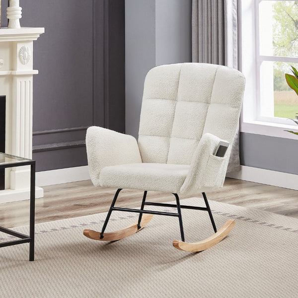English Elm Cream Plush Teddy Fabric Rocking Armchair with High Back Support for Nursery Cream White W3985P404154