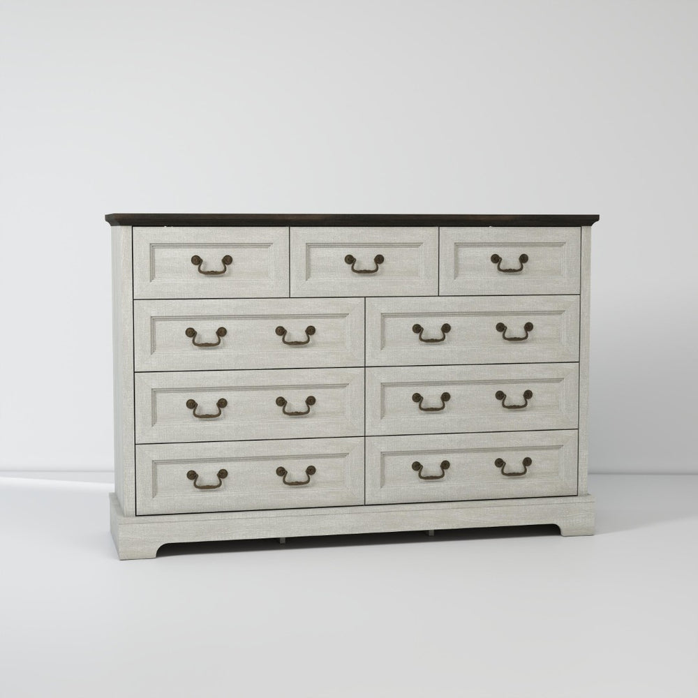 English Elm Farmhouse Nine Drawer Wide Dresser Mdf Build Brass Handles Grey Bedroom Storage B2770P493608