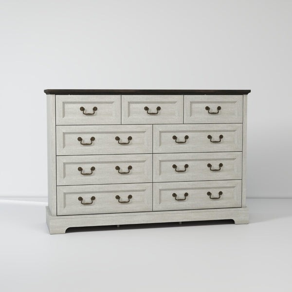 English Elm Farmhouse Nine Drawer Wide Dresser Mdf Build Brass Handles Grey Bedroom Storage B2770P493608