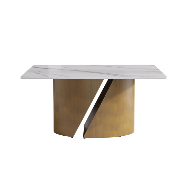 English Elm 63" Modern Rectangular Dining Table With Sintered Stone Top & Bronze Iron Base For 6-8 People W1535S00356