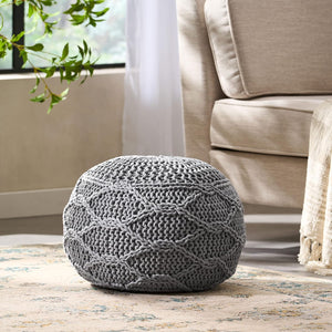 English Elm Christopher Knight Home® - MALIBU POUF Grey Cotton Knit Pouf 20” Round Modern Accent Ottoman Breathable Static-Resistant Seat 60494.00