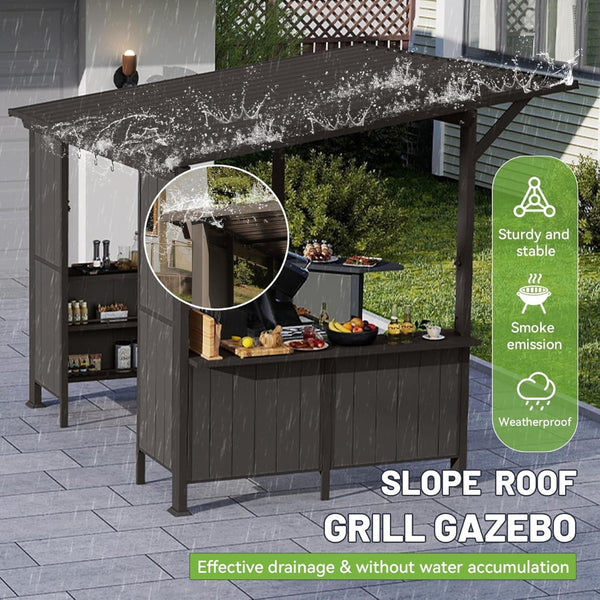 English Elm 9x10ft Hardtop Outdoor Grill Gazebo Galvanized Steel Canopy with Shelves for Patio Brown W1859S00181