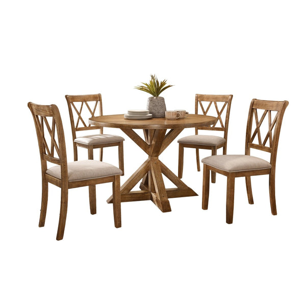 English Elm Windvale Round Farmhouse Dining Set Seats Four with Chenille Chairs Cottage Oak Finish T2574S00011