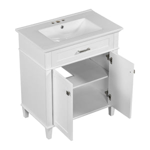 English Elm 30-inch bathroom vanity with ceramic basin, solid wood frame, soft-close doors and adjustable shelves for organized style and lasting durability White N729P173380K