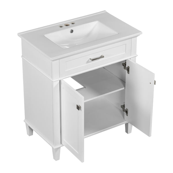 English Elm 30-inch bathroom vanity with ceramic basin, solid wood frame, soft-close doors and adjustable shelves for organized style and lasting durability White N729P173380K