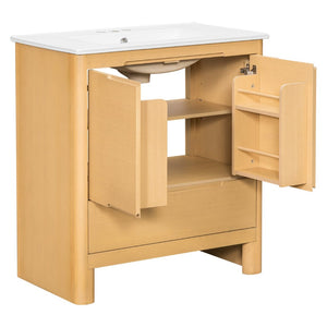 English Elm [video] 30 Inch Freestanding Bathroom Vanity Pine Legs Ceramic Sink Soft Close Storage Oak N759P412928O