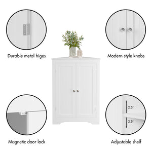English Elm Floor Corner Cabinet with Beadboard Doors & Adjustable Shelf, Narrow Freestanding White Storage for Bath, Kitchen, Living Room, Bedroom W808P175911