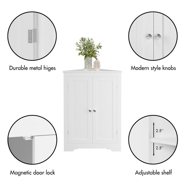 English Elm Floor Corner Cabinet with Beadboard Doors & Adjustable Shelf, Narrow Freestanding White Storage for Bath, Kitchen, Living Room, Bedroom W808P175911