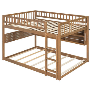 English Elm Full Over Bunk Bed with Led Lighting Pegboard Shelving and Pine Wood Frame Brown LT000278AAP