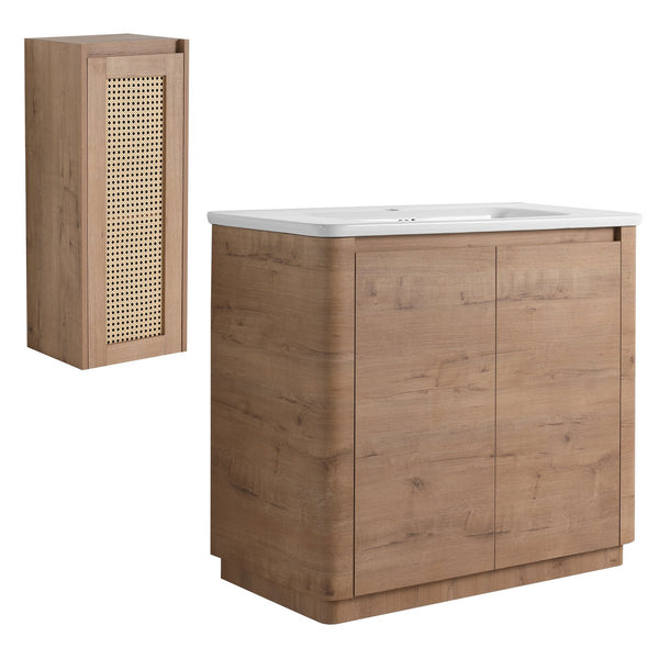 English Elm 36'' Freestanding Bathroom Vanity With Glossy Ceramic Sink & Soft-Close Doors For Stylish Storage W999S00402