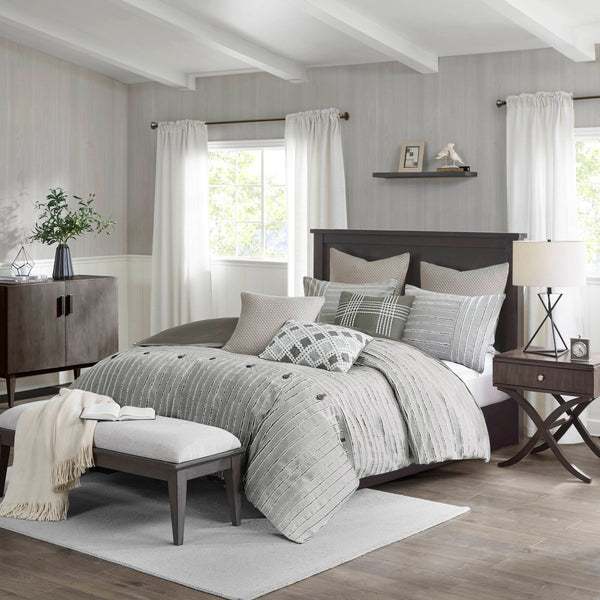 JLA Home Madison Park Signature - Oversized Cotton Jacquard Comforter Set with Removable Duvet Insert, Euro Shams & Decorative Pillows Gray MPS10-464
