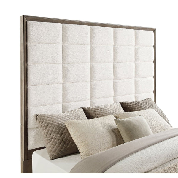 English Elm Prescott Eastern King Bed Cream Grid Tufted Headboard Taupe Oak Wood Frame B062S01485
