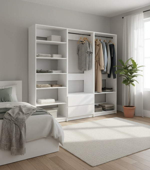 English Elm Prosper White Freestanding Walk-In Wood Closet System — Modular Oak Finish, Durable Melamine, Easy Assembly B040S00146