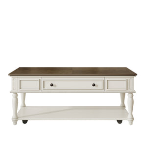 English Elm Farmhouse Retro Coffee Table with Lockable Wheels, One Drawer & Lower Shelf, Solid Wood Legs, Durable Finish Grey+White N721P307935E